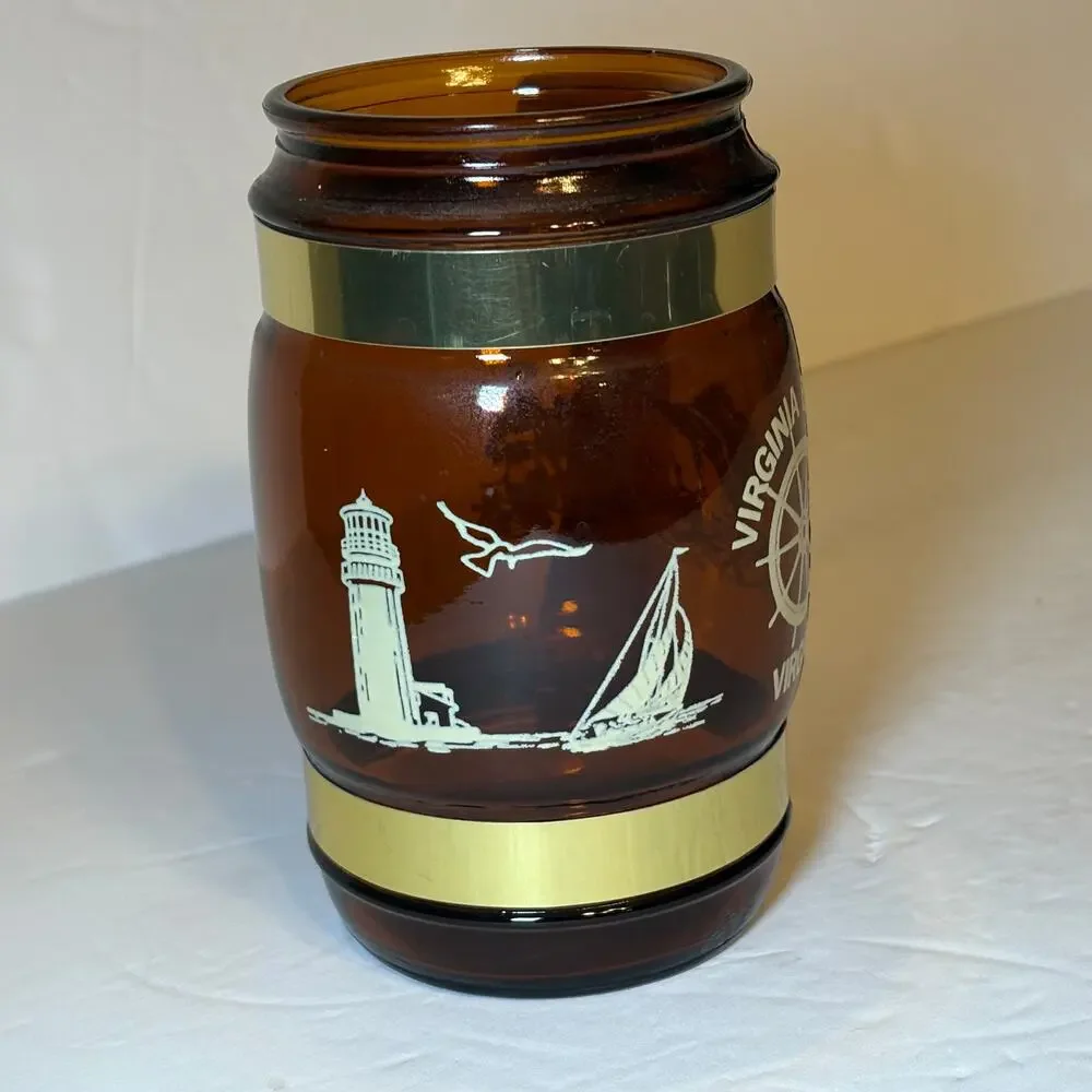 Vintage Virginia Beach VA Souvenir Brown Glass Barrel Mug Wood Handle